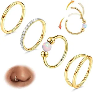 4PCS Nose Rings for Women 316L Surgical Steel Opal Nose Rings 18G Double Hoop Nose Rings Piercing Jewelry Cubic Zirconia Nose Ring, Septum Ring, Cartilage Earrings 18G Gold/Silver