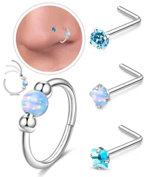 4PCS Stainless Steel Nose Rings Set for Women Men,Hypoallergenic 20G L-Shaped Nose Studs 18G Blue Opal Hinged Hoops Small Silver Piercings for Nostril Septum Cartilage Helix Rook Conch Lip Ear lobe
