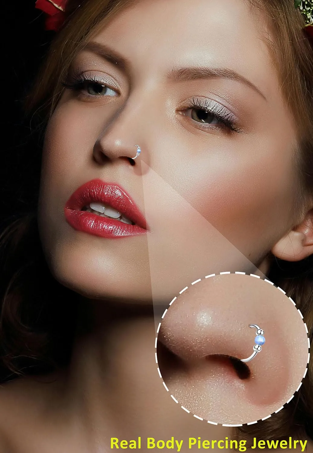 4PCS Stainless Steel Nose Rings Set for Women Men,Hypoallergenic 20G L-Shaped Nose Studs 18G Blue Opal Hinged Hoops Small Silver Piercings for Nostril Septum Cartilage Helix Rook Conch Lip Ear lobe