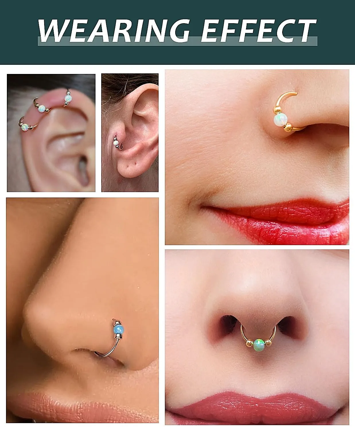 4PCS Stainless Steel Nose Rings Set for Women Men,Hypoallergenic 20G L-Shaped Nose Studs 18G Blue Opal Hinged Hoops Small Silver Piercings for Nostril Septum Cartilage Helix Rook Conch Lip Ear lobe