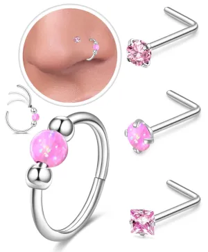 4PCS Stainless Steel Nose Rings Set for Women Men,Hypoallergenic 20G L-Shaped Nose Studs 18G Pink Opal Hinged Small Silver Hoops for Nostril Septum Cartilage Helix Rook 2nd/3rd Earlobe Lip Piercings
