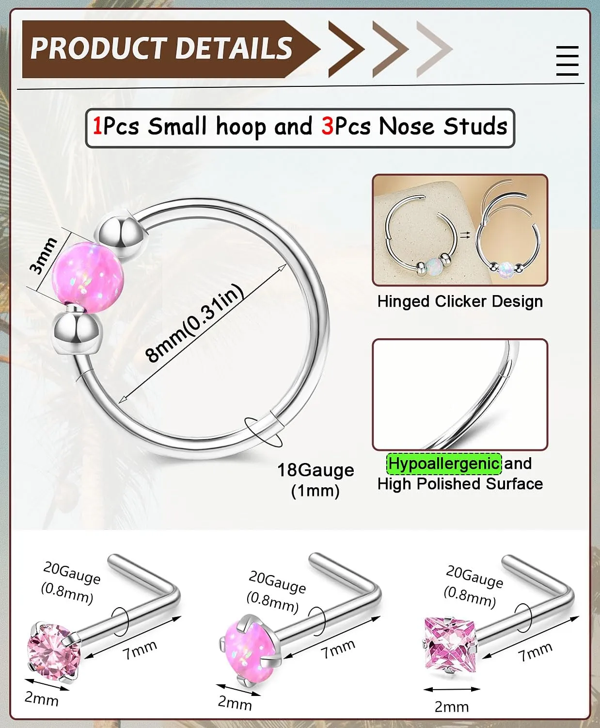 4PCS Stainless Steel Nose Rings Set for Women Men,Hypoallergenic 20G L-Shaped Nose Studs 18G Pink Opal Hinged Small Silver Hoops for Nostril Septum Cartilage Helix Rook 2nd/3rd Earlobe Lip Piercings