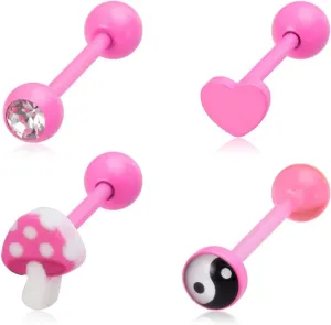 4Pcs Stainless Steel Tongue Rings for Women Cute Pink Heart Mushroom Tai Chi Round CZ Tongue Barbell Studs Cartilage Earrings Dainty Body Piercing Jewelry