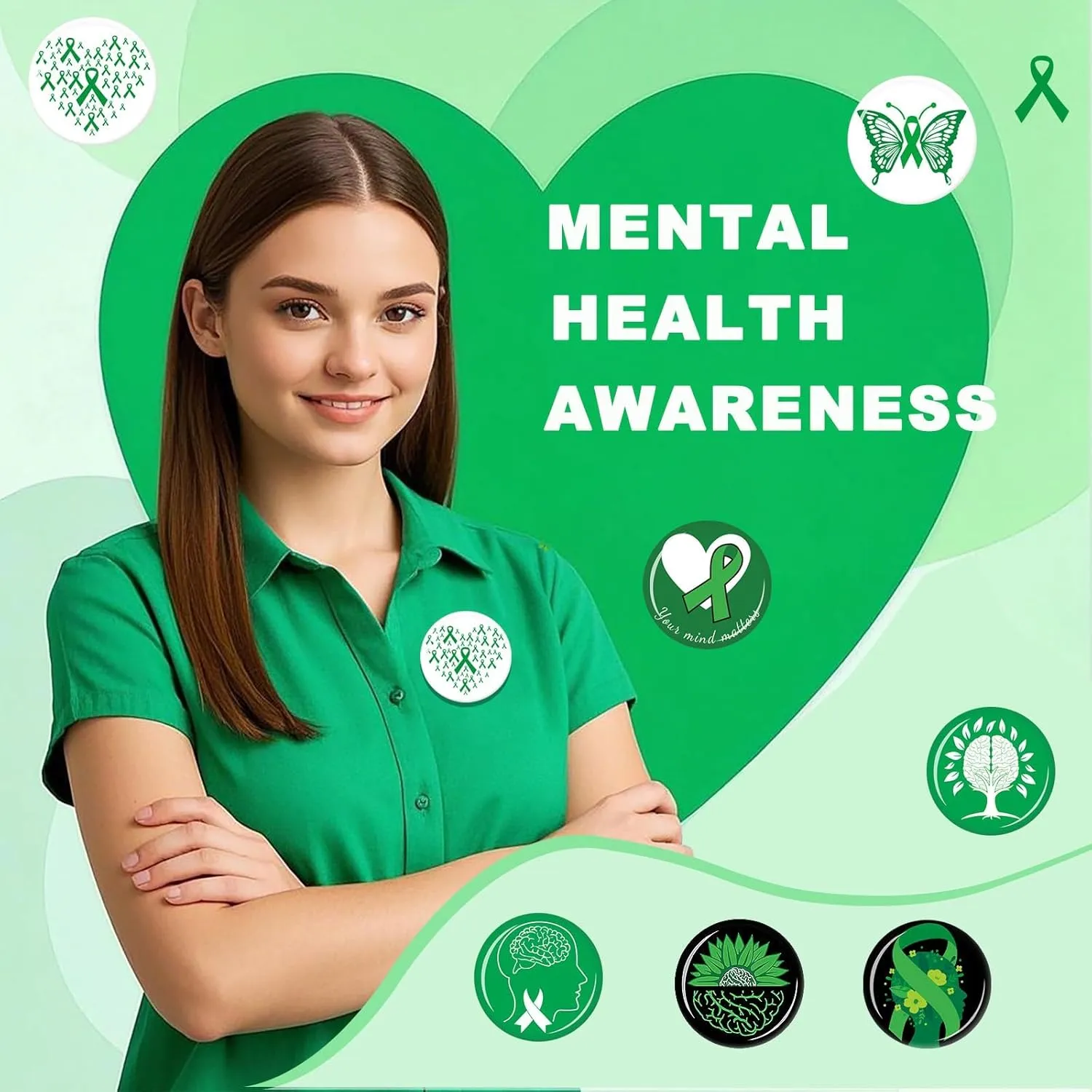 54pcs Mental Health Awareness Buttons, 1.78 In Green Ribbon Lapel Badge Pins for Mental Health Awareness Teens Adults Children Party Event Favors Decor Accessories18 Style