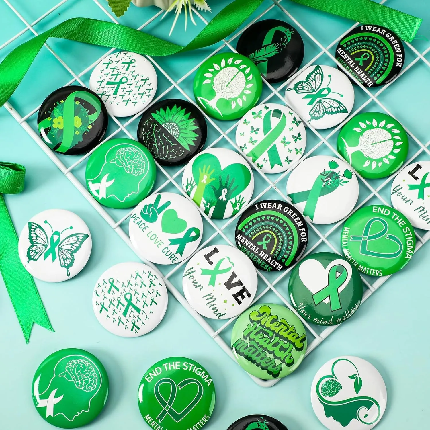 54pcs Mental Health Awareness Buttons, 1.78 In Green Ribbon Lapel Badge Pins for Mental Health Awareness Teens Adults Children Party Event Favors Decor Accessories18 Style