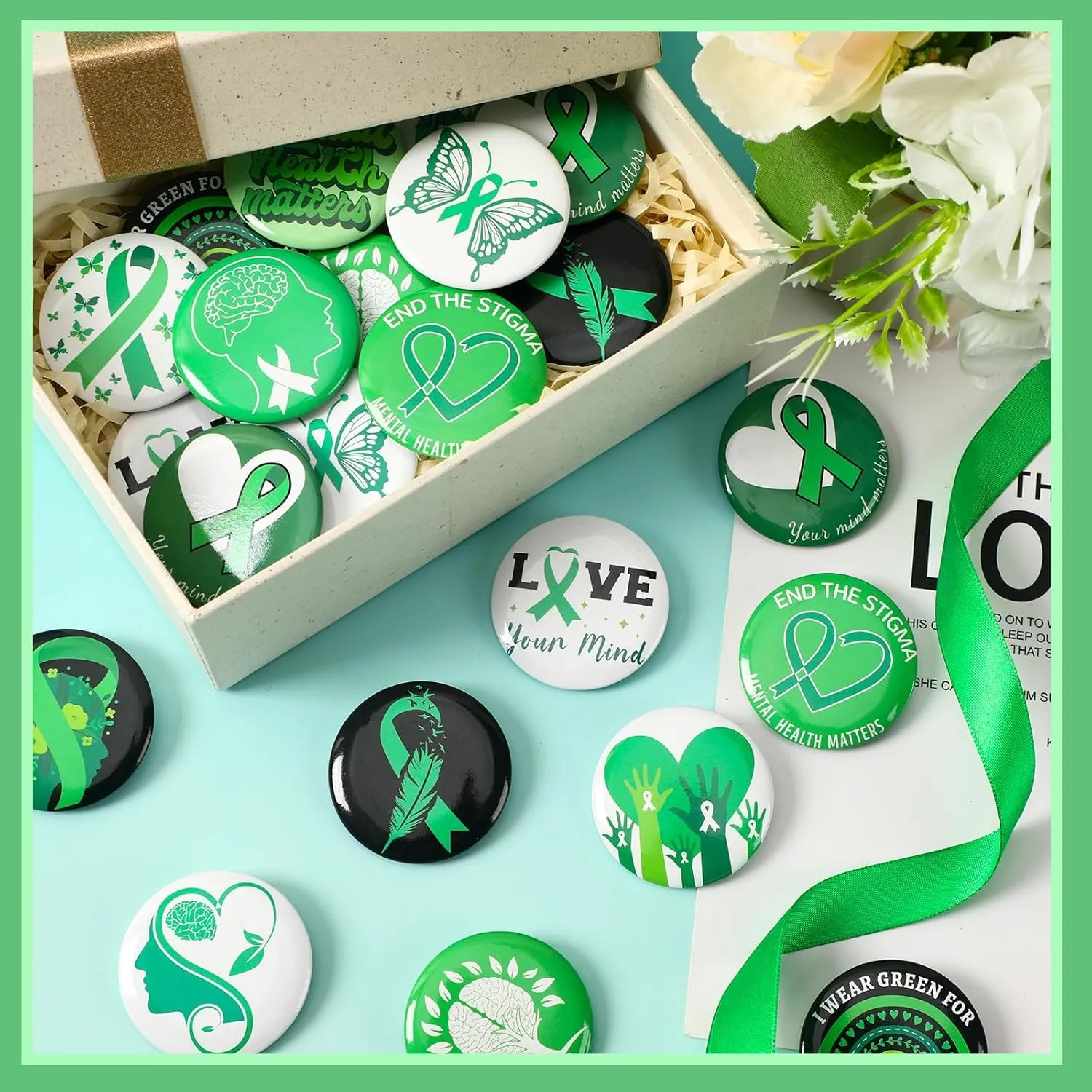 54pcs Mental Health Awareness Buttons, 1.78 In Green Ribbon Lapel Badge Pins for Mental Health Awareness Teens Adults Children Party Event Favors Decor Accessories18 Style