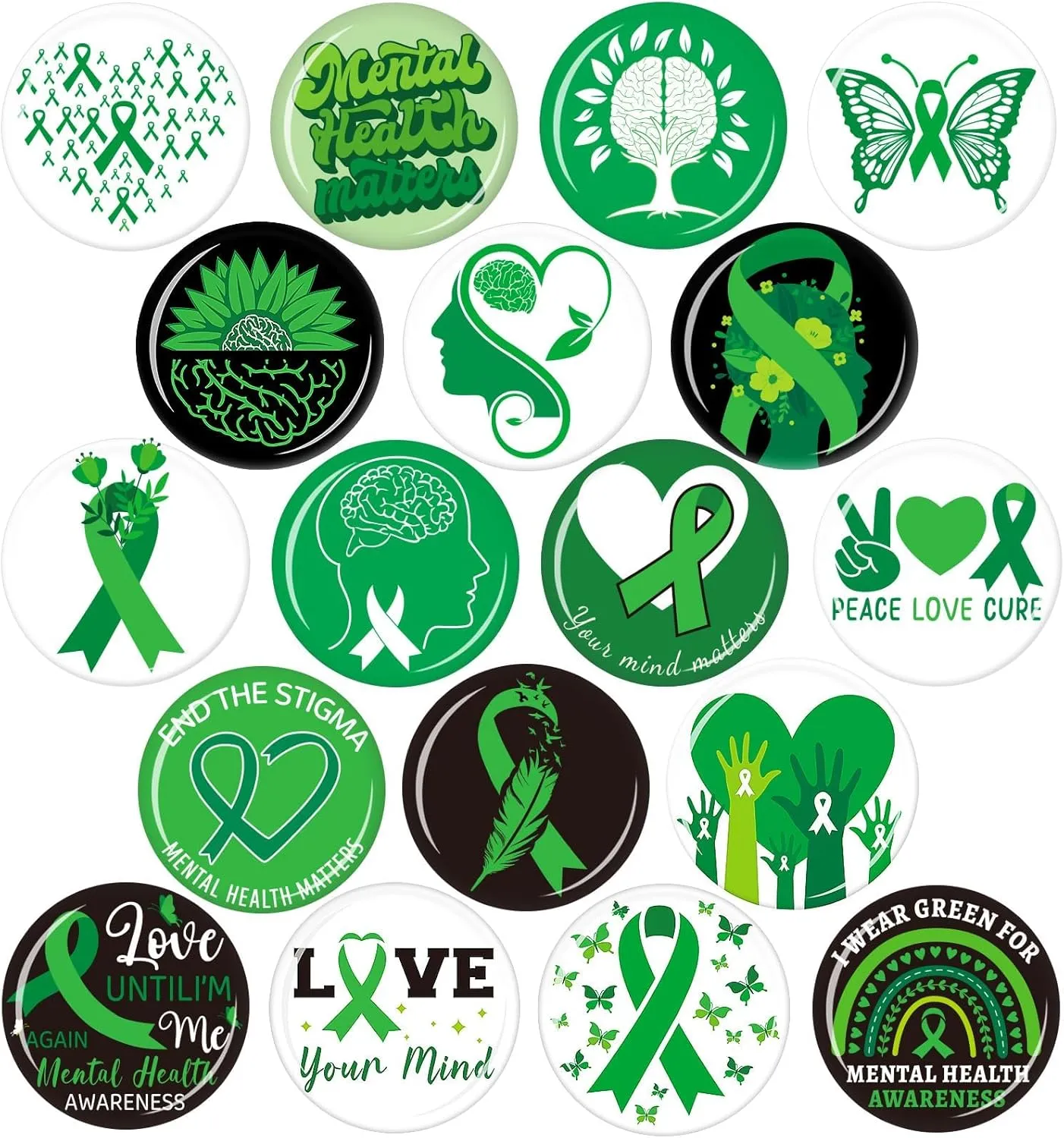 54pcs Mental Health Awareness Buttons, 1.78 In Green Ribbon Lapel Badge Pins for Mental Health Awareness Teens Adults Children Party Event Favors Decor Accessories18 Style