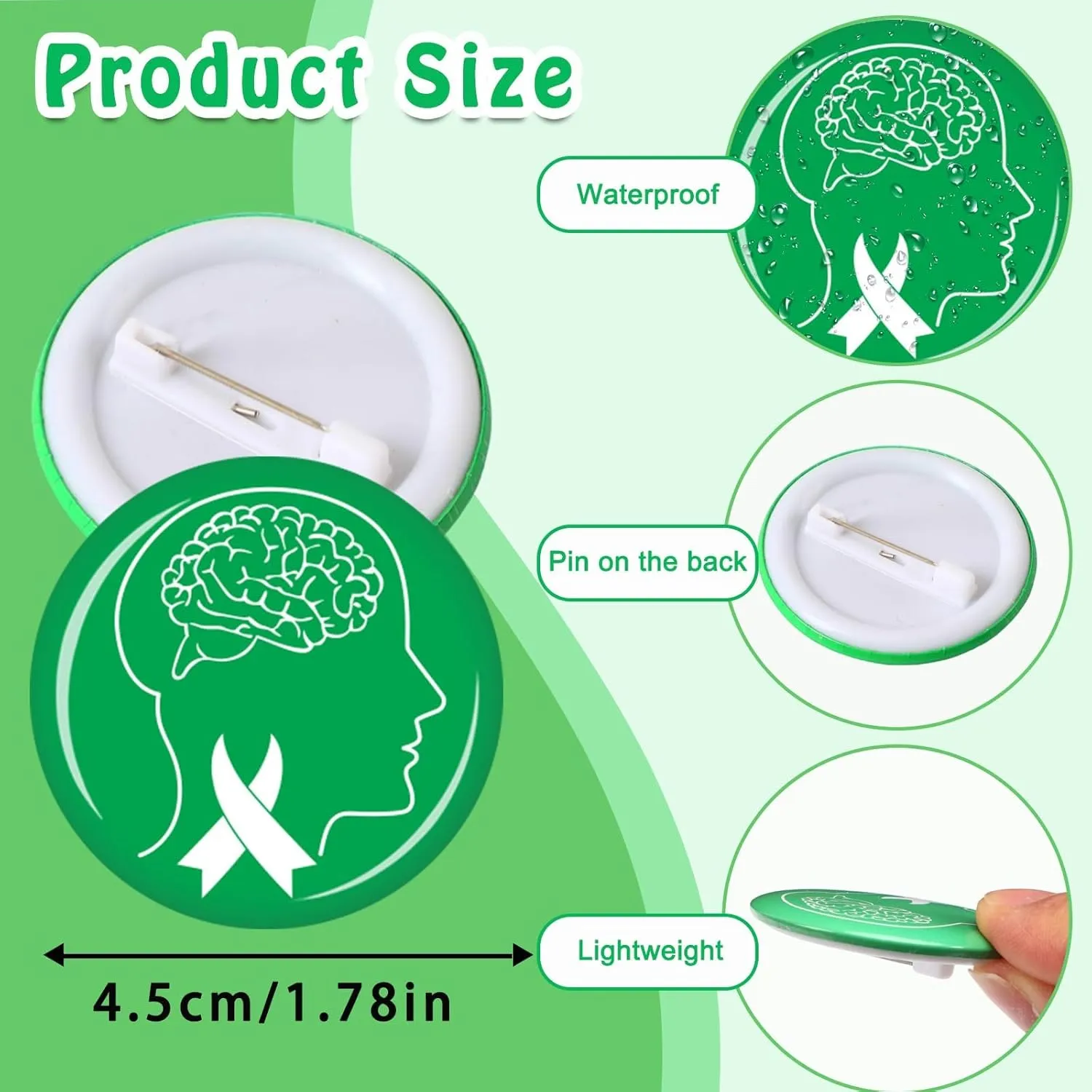 54pcs Mental Health Awareness Buttons, 1.78 In Green Ribbon Lapel Badge Pins for Mental Health Awareness Teens Adults Children Party Event Favors Decor Accessories18 Style