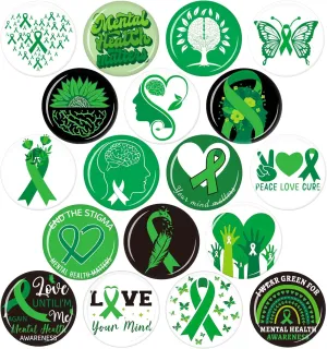 54pcs Mental Health Awareness Buttons, 1.78 In Green Ribbon Lapel Badge Pins for Mental Health Awareness Teens Adults Children Party Event Favors Decor Accessories18 Style