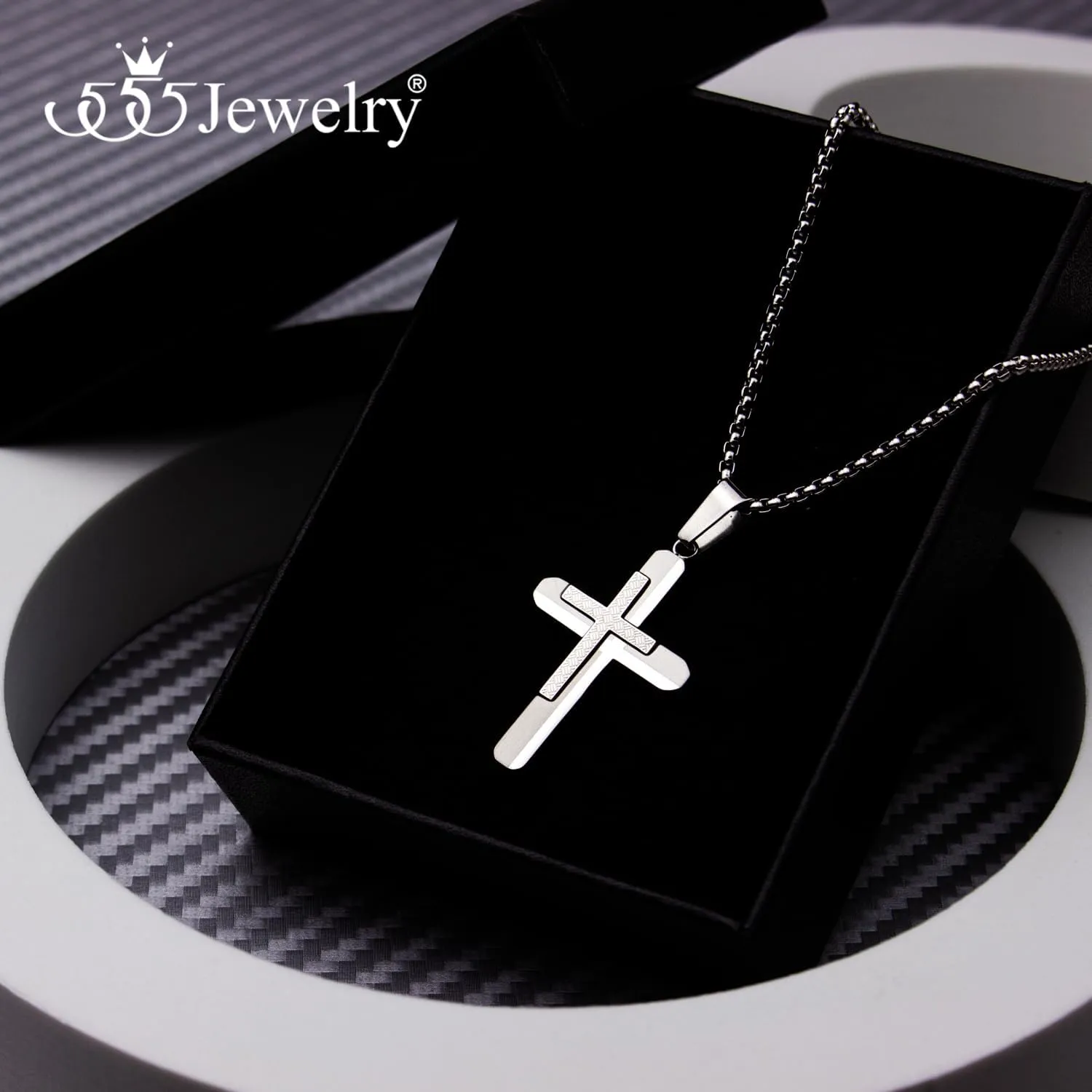 555Jewelry Stainless Steel Dual Cross Necklace Pendant for Men and Women 16-28" Box Chain
