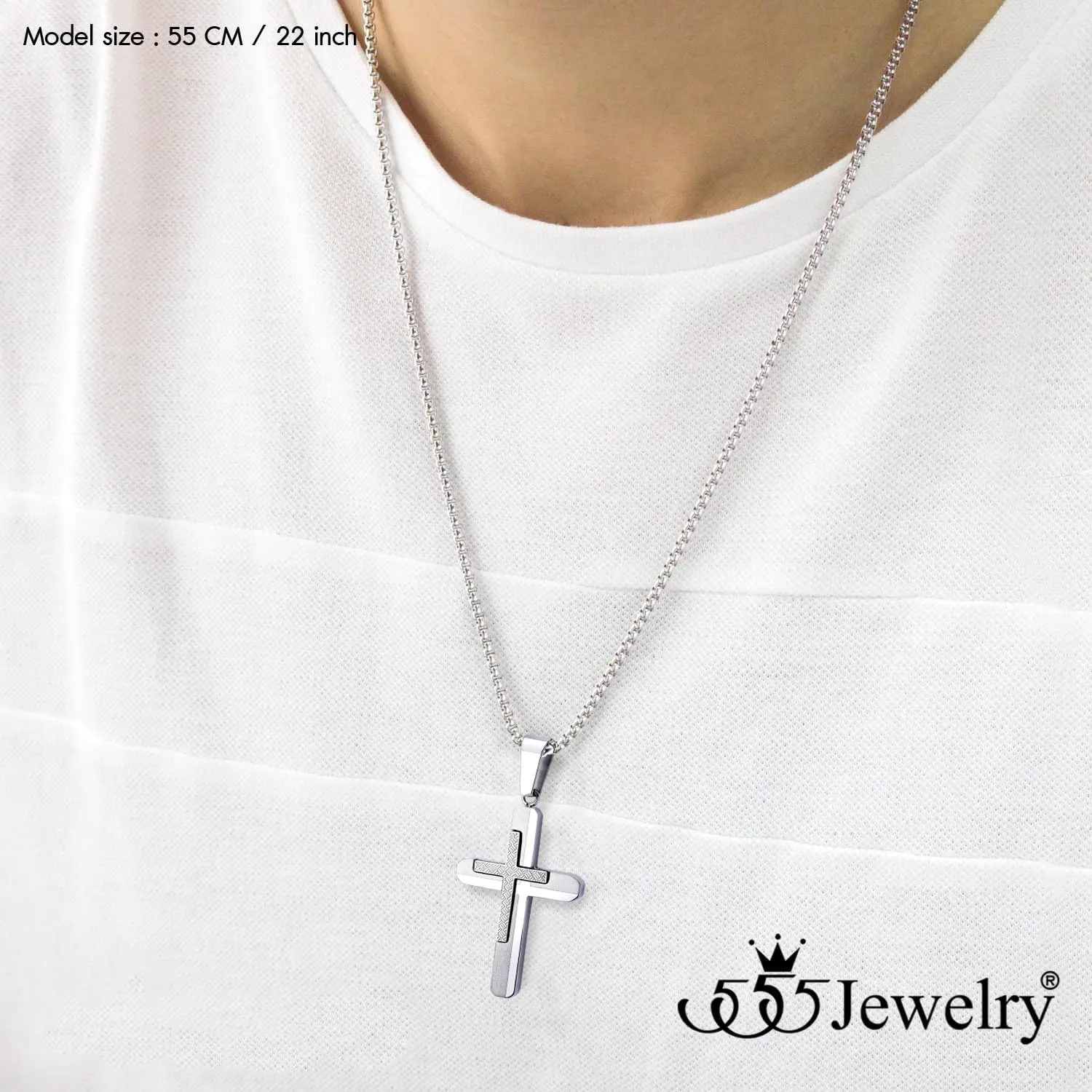 555Jewelry Stainless Steel Dual Cross Necklace Pendant for Men and Women 16-28" Box Chain