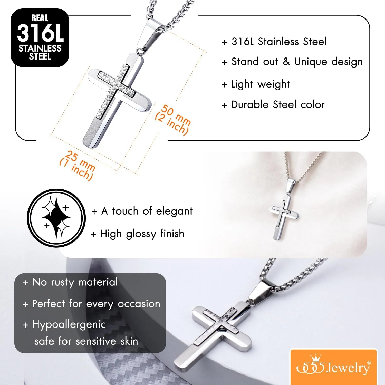 555Jewelry Stainless Steel Dual Cross Necklace Pendant for Men and Women 16-28" Box Chain