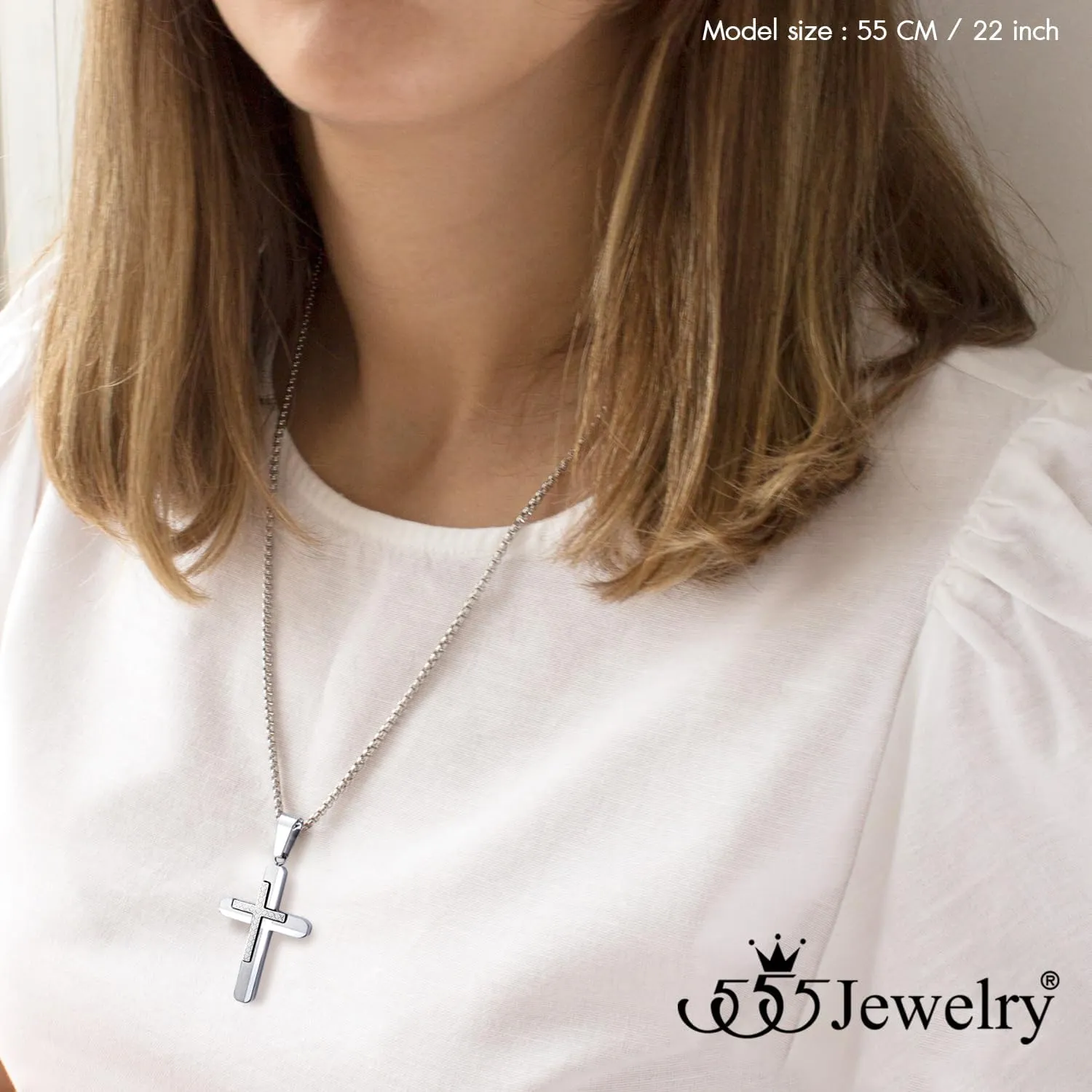 555Jewelry Stainless Steel Dual Cross Necklace Pendant for Men and Women 16-28" Box Chain
