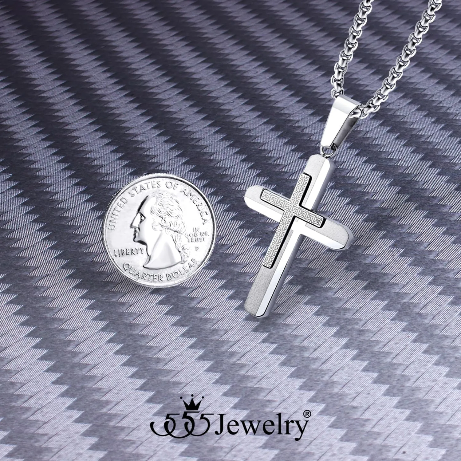 555Jewelry Stainless Steel Dual Cross Necklace Pendant for Men and Women 16-28" Box Chain