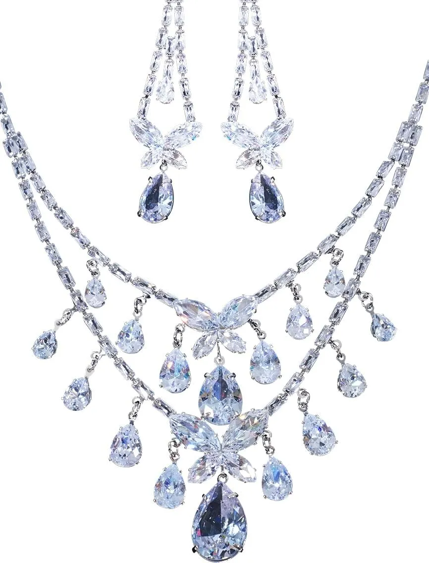 5A Zirconia Butterfly Jewelry Set for Women - Crystal Necklace & Earrings with 925 Silver Hypoallergenic Ear Posts, Elegant Daily Wear & Party Jewelry, for Mother's Day, Brides and Loved Ones