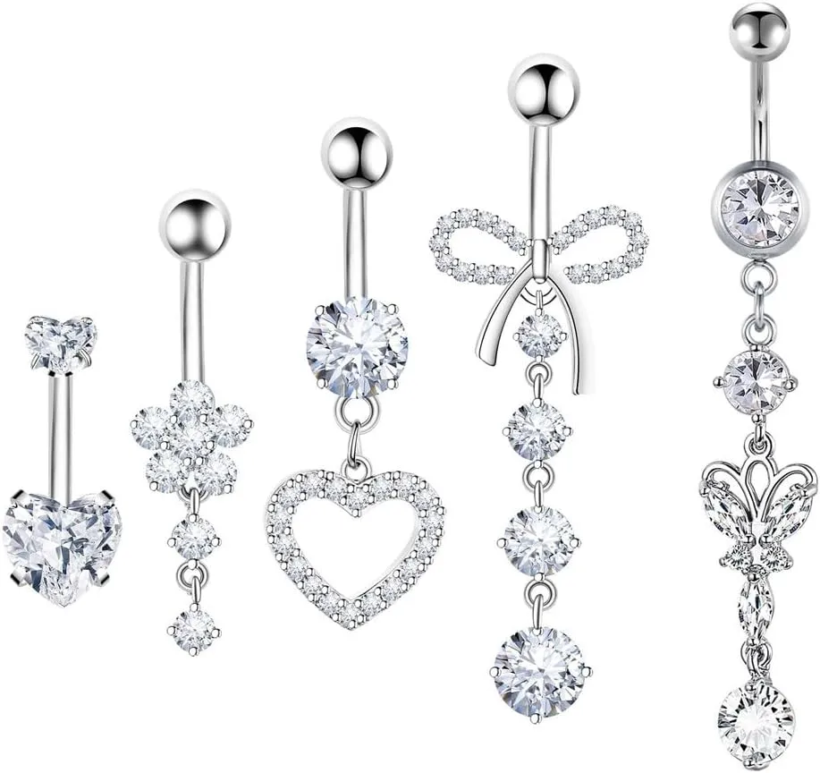 5Pcs 14G Surgical Steel Belly Button Rings Sparkle CZ Crystal Heart Flower Bowknot Dangle Belly Navel Rings Belly Piercing Jewelry Body Piercings for Women
