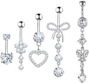 5Pcs 14G Surgical Steel Belly Button Rings Sparkle CZ Crystal Heart Flower Bowknot Dangle Belly Navel Rings Belly Piercing Jewelry Body Piercings for Women