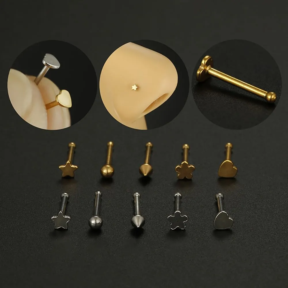 5Pcs 20G Surgical Steel Nose Studs Rings for Women Small Star Flower Heart Nose Rings Straight Bone Nose Studs Nostril Body Piercing Jewelry