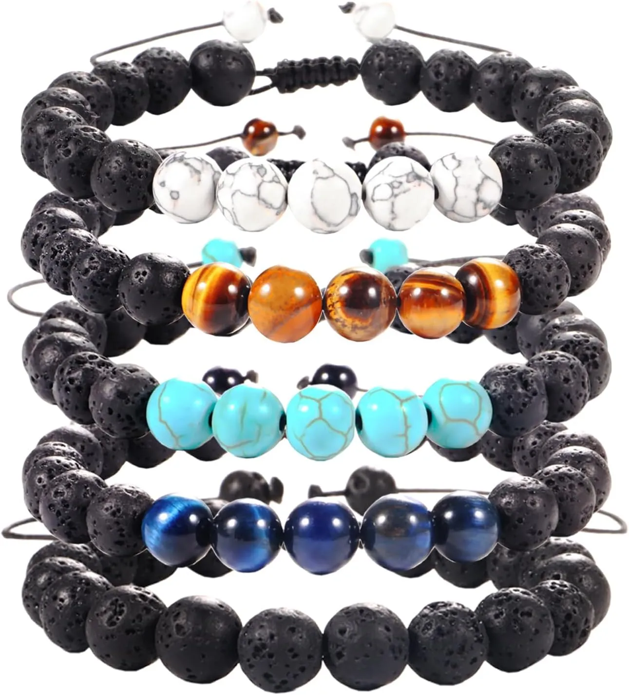 5PCS 8mm Lava Rock Stone Bead Bracelets For Men, Adjustable Tiger Eye Braceletvolcanized rock Bracelet Mens Jewelry Gifts for Dad Boyfriend Husband Brother