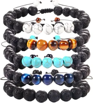 5PCS 8mm Lava Rock Stone Bead Bracelets For Men, Adjustable Tiger Eye Braceletvolcanized rock Bracelet Mens Jewelry Gifts for Dad Boyfriend Husband Brother