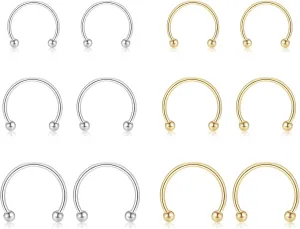 6 Pairs of Surgical Steel Nose rings Septum Horseshoe Hoop Eyebrow Lip Navel Belly Nipple Helix Tragus Daith Rook Captive Earrings Piercing Jewelry for Women Men