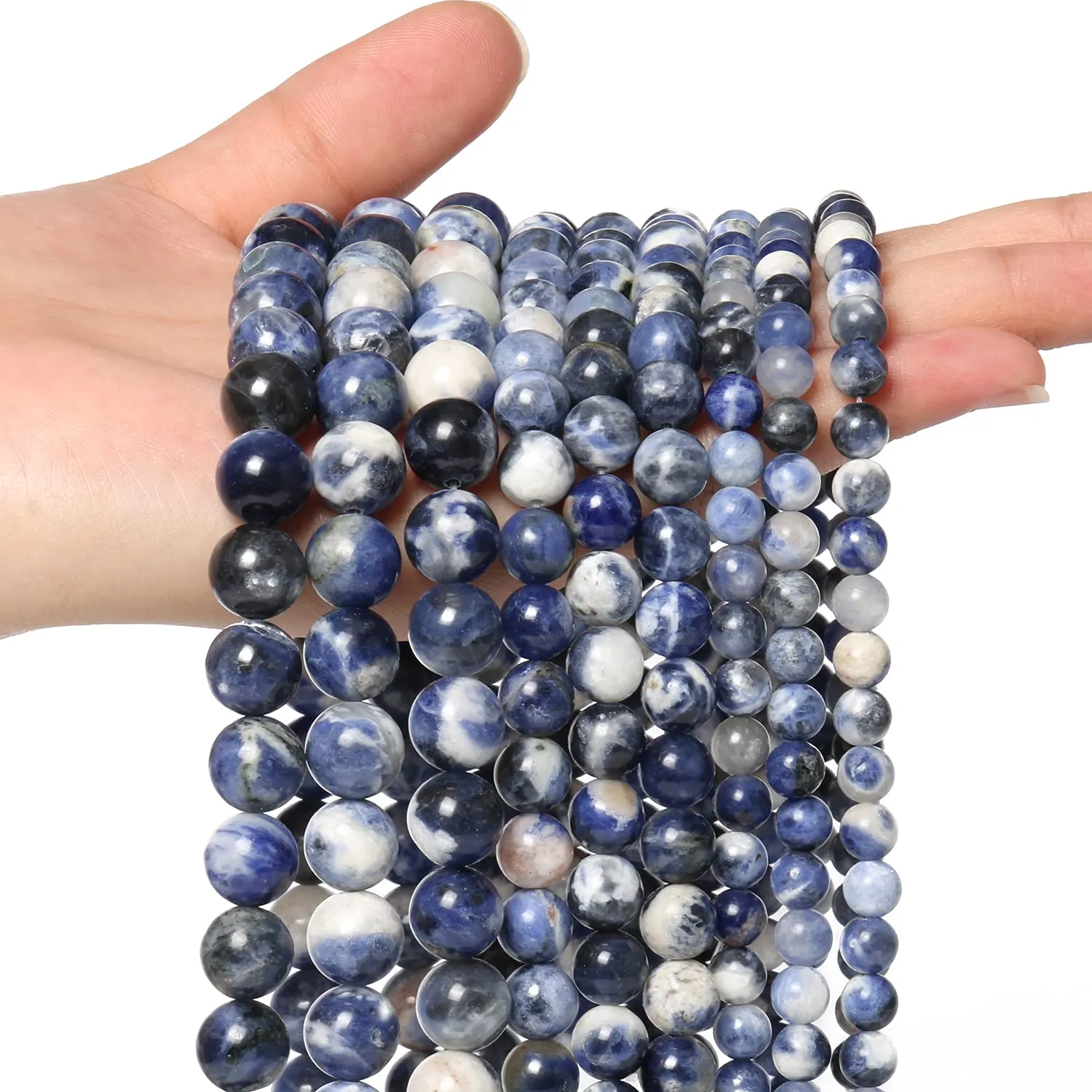 60pcs 6mm Natural Stone Beads White Blue Sodalite Beads Energy Crystal Healing Power Gemstone for Jewelry Making, DIY Bracelet Necklace Blue White Sodalite