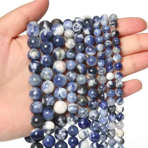 60pcs 6mm Natural Stone Beads White Blue Sodalite Beads Energy Crystal Healing Power Gemstone for Jewelry Making, DIY Bracelet Necklace Blue White Sodalite