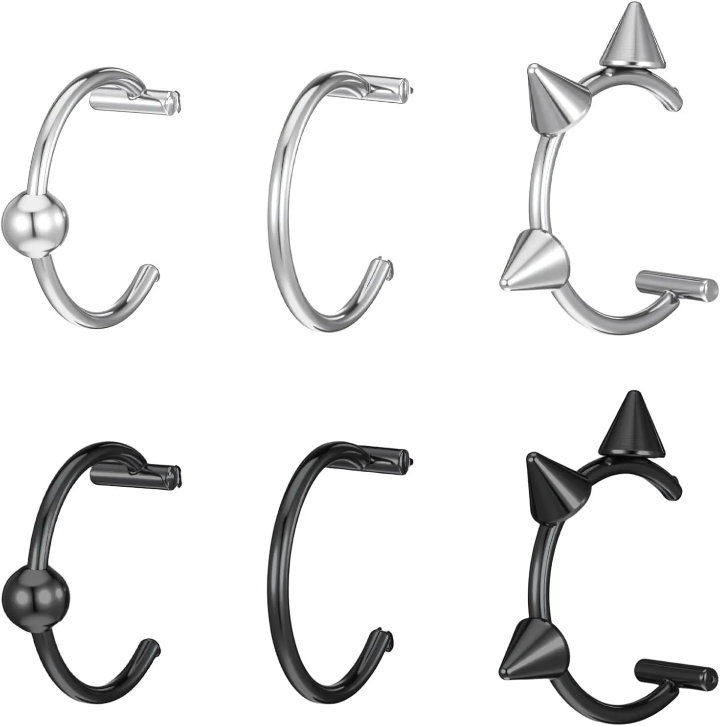 6pcs Fake Lip Piercing Lip Rings Snake Bite Jewelry Non-Piercing Snake Bite Jewelry Stainless Steel Black Silver