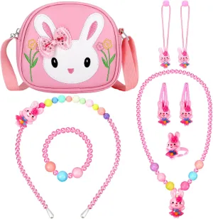 7 Pcs Cute Bunny Purse Jewelry Set Rabbit Handbag with Necklace Bracelet Ring Hair Clip Hair Ties Gift