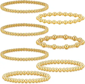 7Pcs Gold Bracelets for Women Gold Plated Beaded Bracelet Elastic Stretch Bead Ball Stack Set Stretchable Adjustable Gold Jewelry Gifts