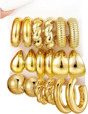 9 Pairs Gold Hoop Earrings Set for Women Chunky Chain Twisted Open Hoops Dangle Earring For Birthday Party Fashion Jewelry Gift