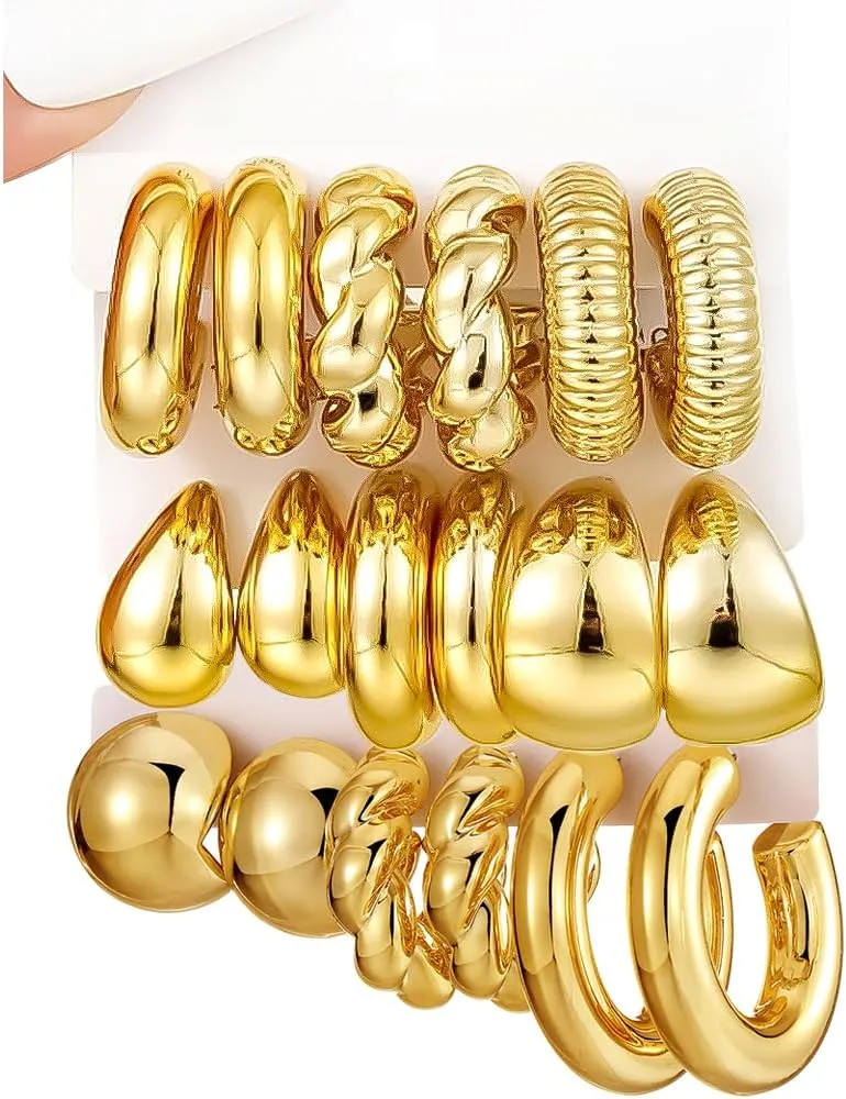 9 Pairs Gold Hoop Earrings Set for Women Chunky Chain Twisted Open Hoops Dangle Earring For Birthday Party Fashion Jewelry Gift