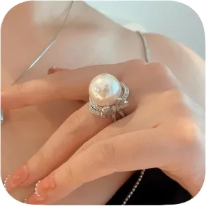 925 Plated Silver Shiny 12MM Round Pearl Ring Found Statement Rings for Women Daily Birthday Valentine's Day Jewelry Gift Size Adjustable