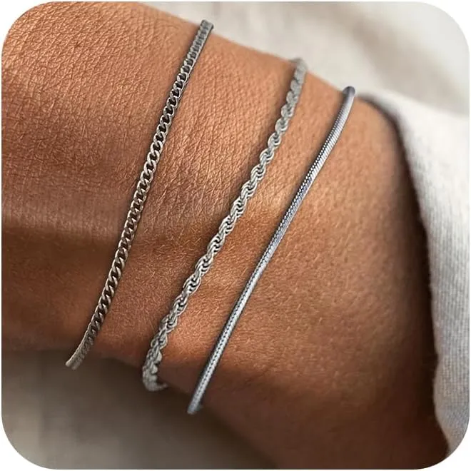 925 Sterling Silver Bracelet Set for Men Stackable 2mm Snake Rope Cuban Link Chain Bracelets Non Tarnish Dainty 14K Gold Plated Bracelet Size 6.5-9inch Sterling Silver Jewelry for Men Boys