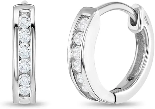 925 Sterling Silver Clear Cubic Zirconia Small Hoop Huggie Earrings For Girls & Young Preteens 10mm- Classy & Alluring 925 Sterling Silver Safe For Sensitive Ears- Perfect Girl Gift For Birthdays