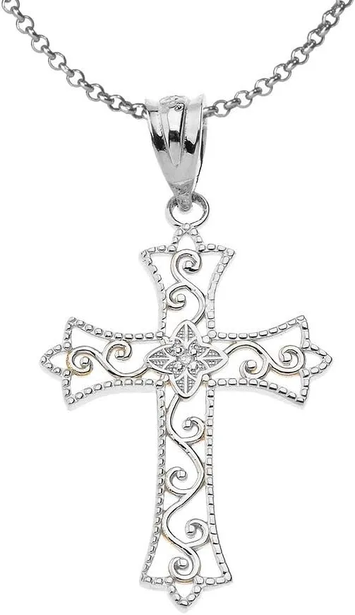 925 Sterling Silver Diamond Filigree Cross Pendant With Chain