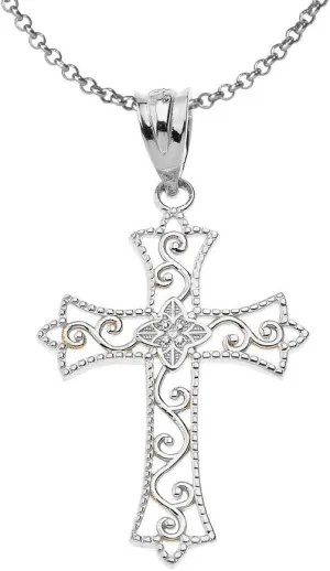 925 Sterling Silver Diamond Filigree Cross Pendant With Chain