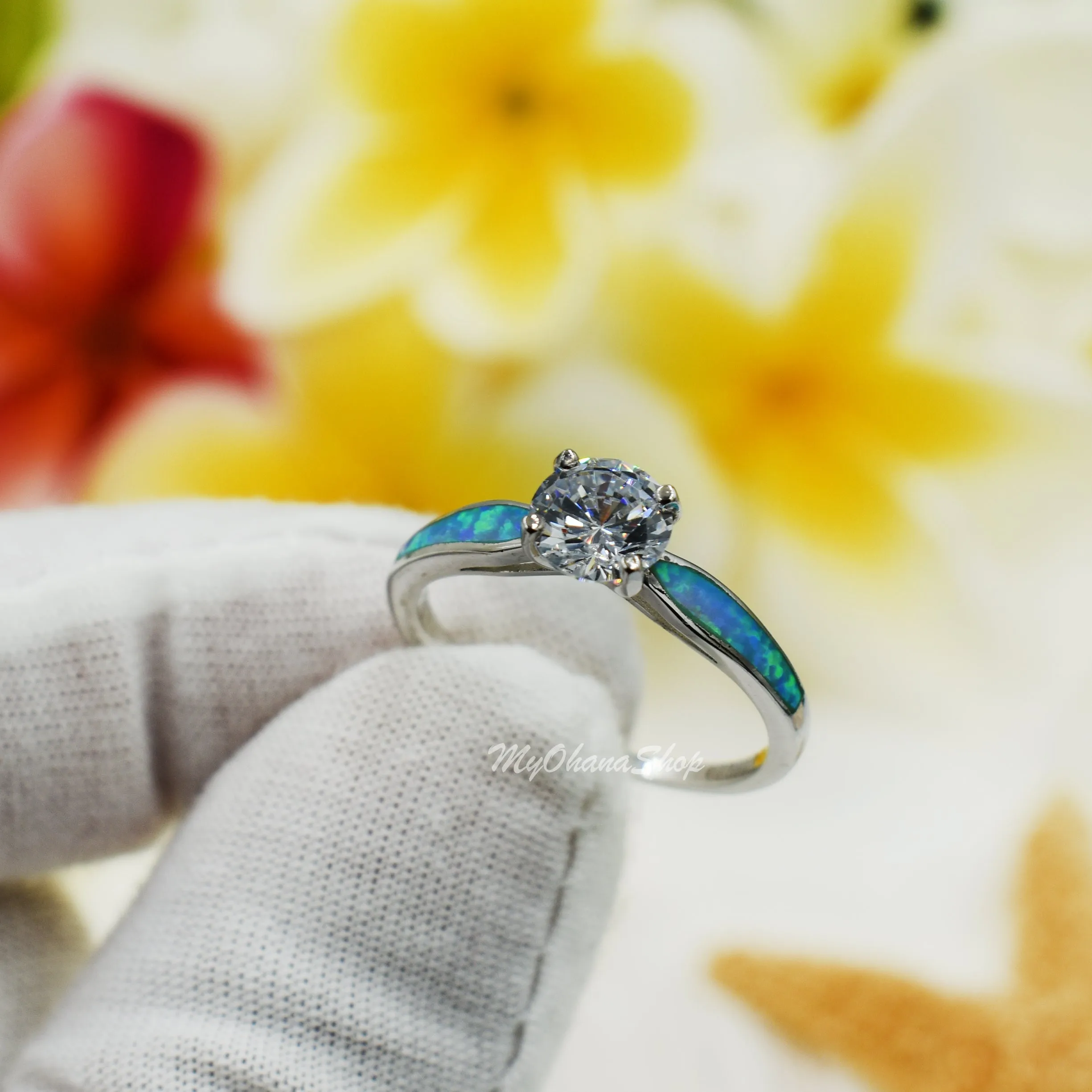925 Sterling Silver Engagement Ring.  1.25 Carat Clear Cubic Zirconia, Opal Inlay Statement, Wedding Ring For Women. Promise Ring For Her.