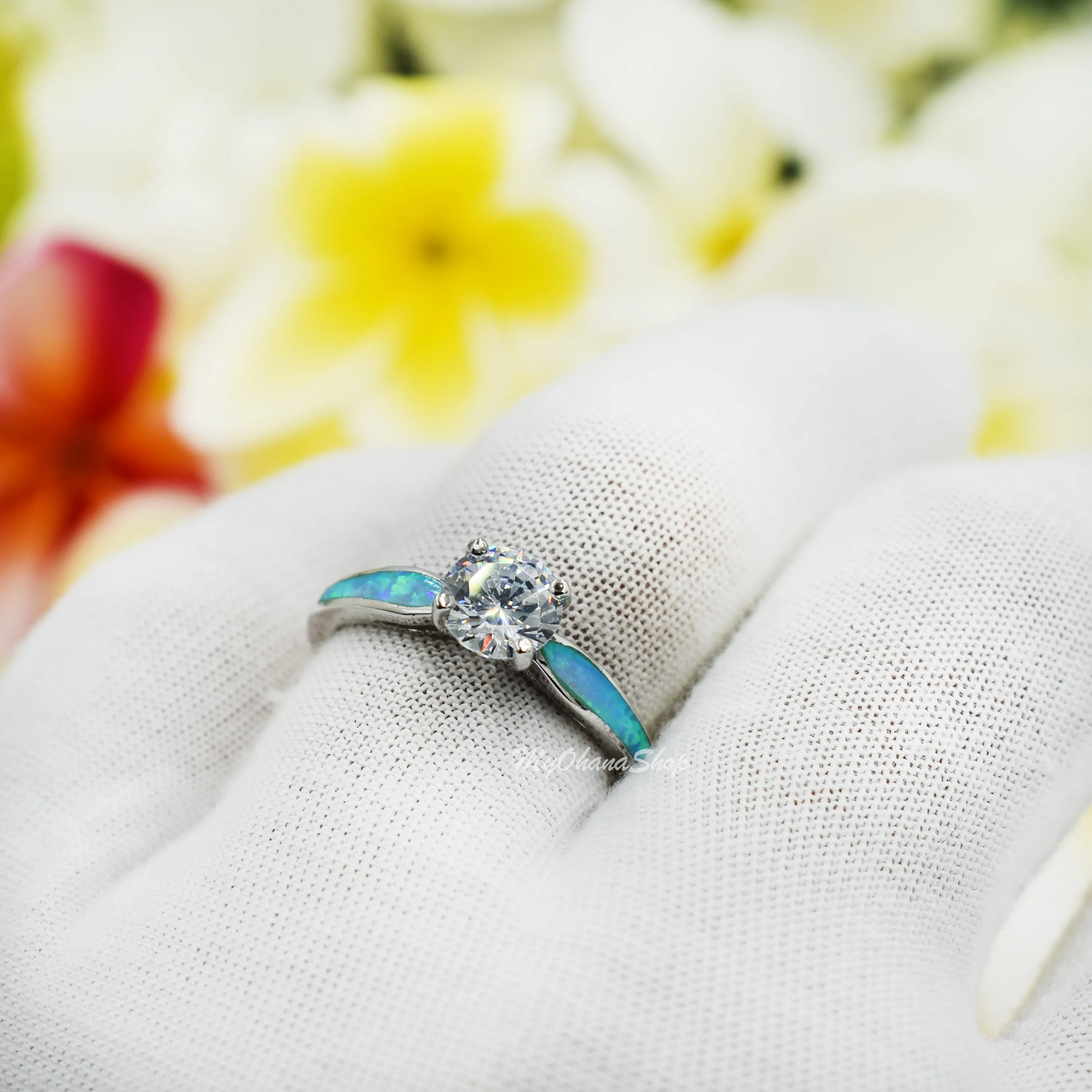 925 Sterling Silver Engagement Ring.  1.25 Carat Clear Cubic Zirconia, Opal Inlay Statement, Wedding Ring For Women. Promise Ring For Her.
