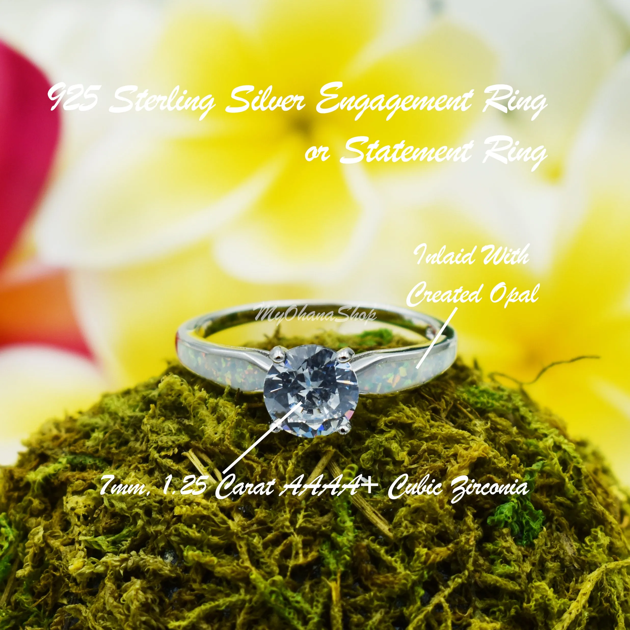 925 Sterling Silver Engagement Ring.  1.25 Carat Clear Cubic Zirconia, Opal Inlay Statement, Wedding Ring For Women. Promise Ring For Her.