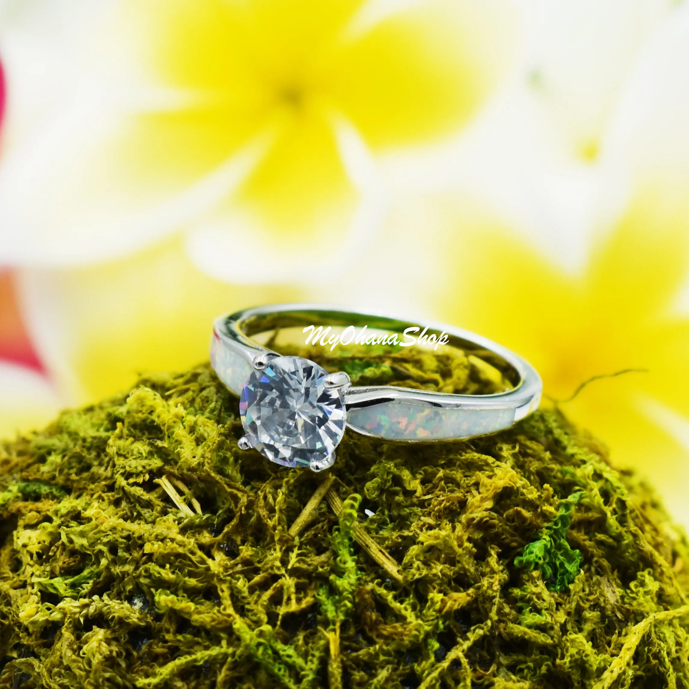 925 Sterling Silver Engagement Ring.  1.25 Carat Clear Cubic Zirconia, Opal Inlay Statement, Wedding Ring For Women. Promise Ring For Her.