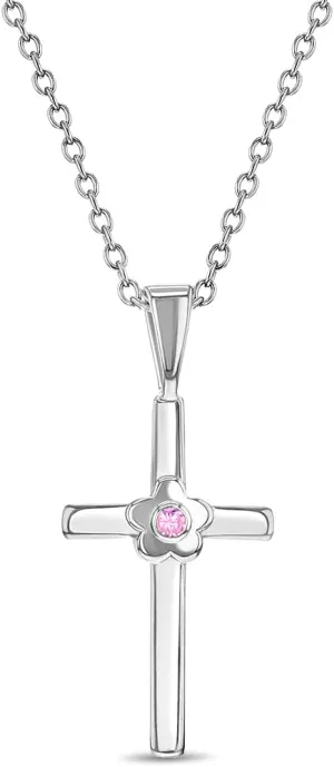 925 Sterling Silver Girl's 16" Religious Shiny Cubic Zirconia Flower Cross Necklace- Beautiful Cross Charm Jewelry for Children & Preteens - Classic Bright CZ Crucifix Pendant Necklace for Young Girls