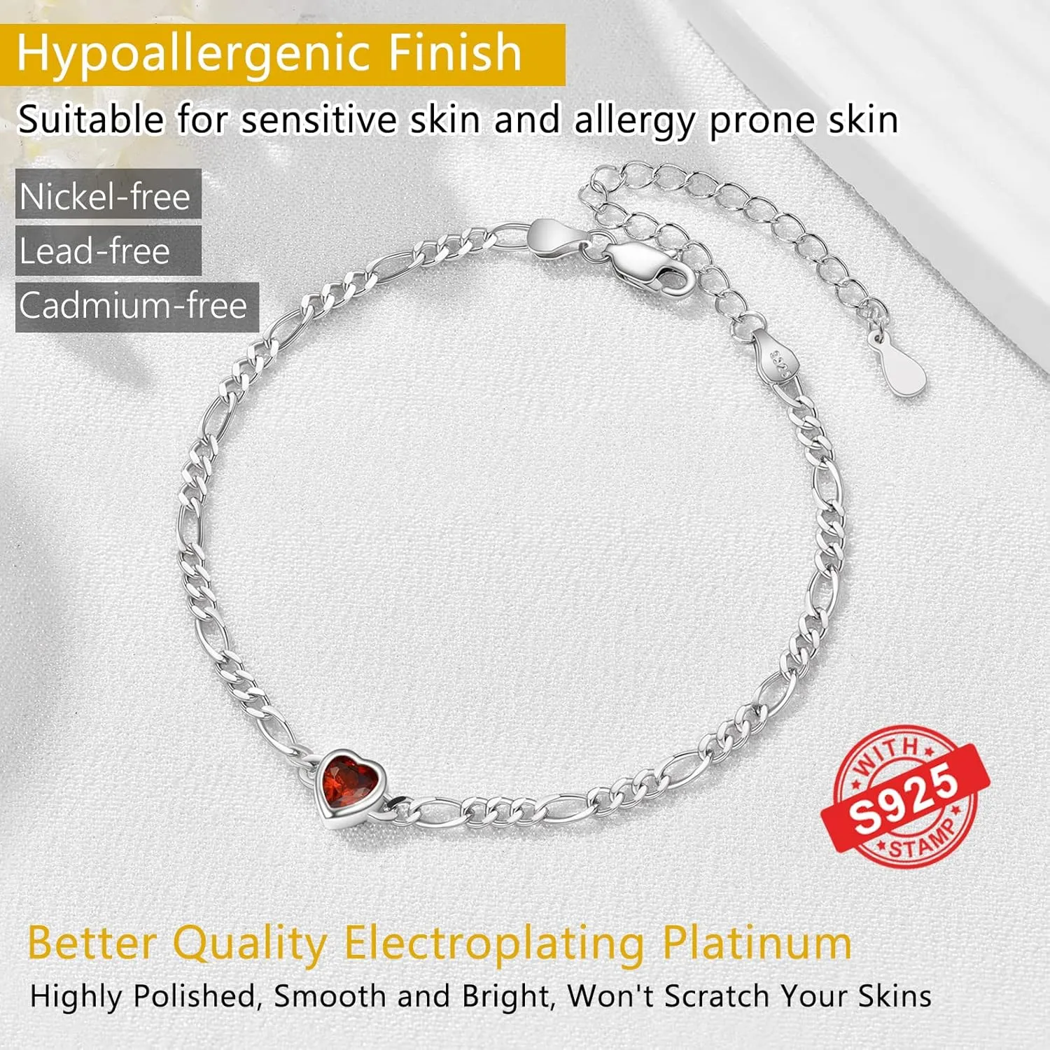 925 Sterling Silver Gorgeous Heart Bracelet for Women, Dainty Inifity Bracelets, Adorned Birthstone Jan - Dec Available, 6.3"-8.3" Adjustable, Come Box