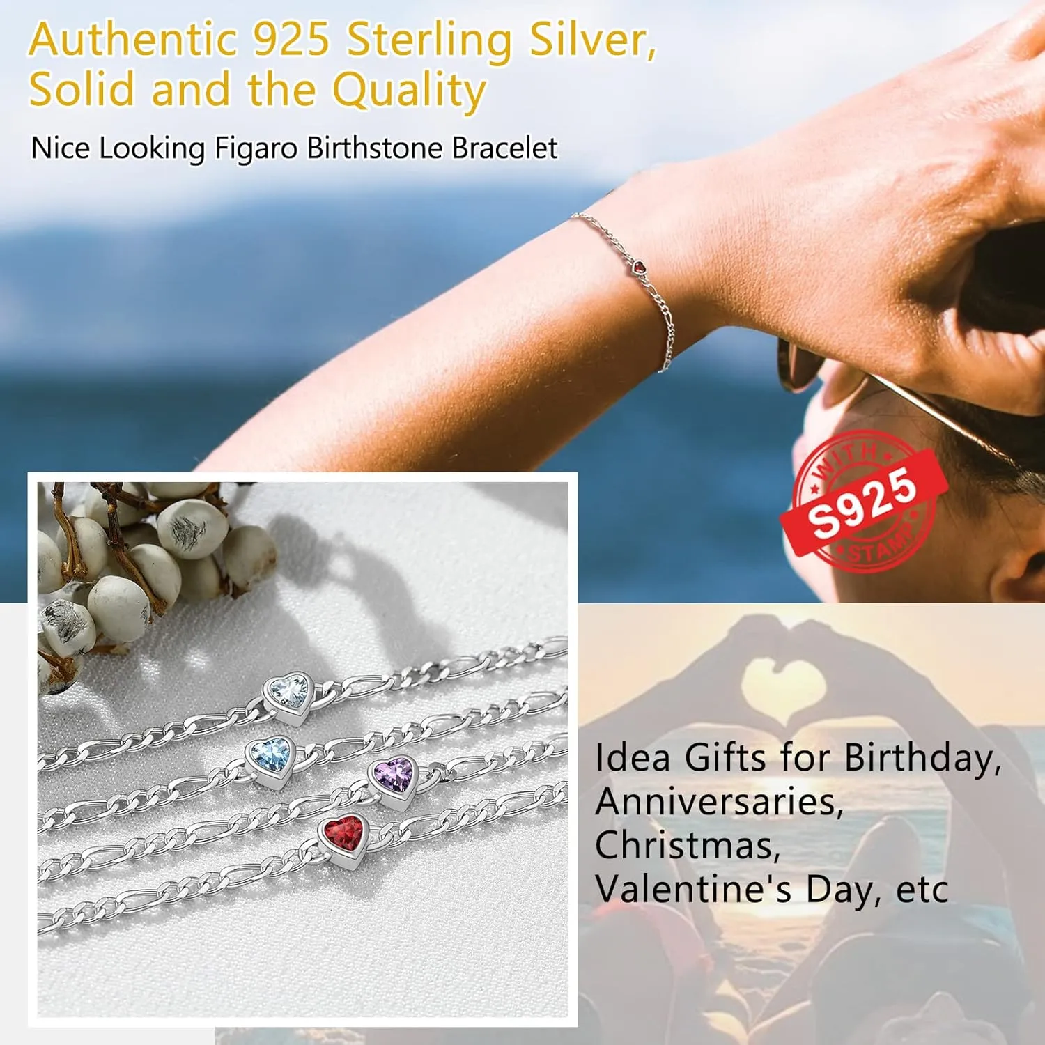 925 Sterling Silver Gorgeous Heart Bracelet for Women, Dainty Inifity Bracelets, Adorned Birthstone Jan - Dec Available, 6.3"-8.3" Adjustable, Come Box