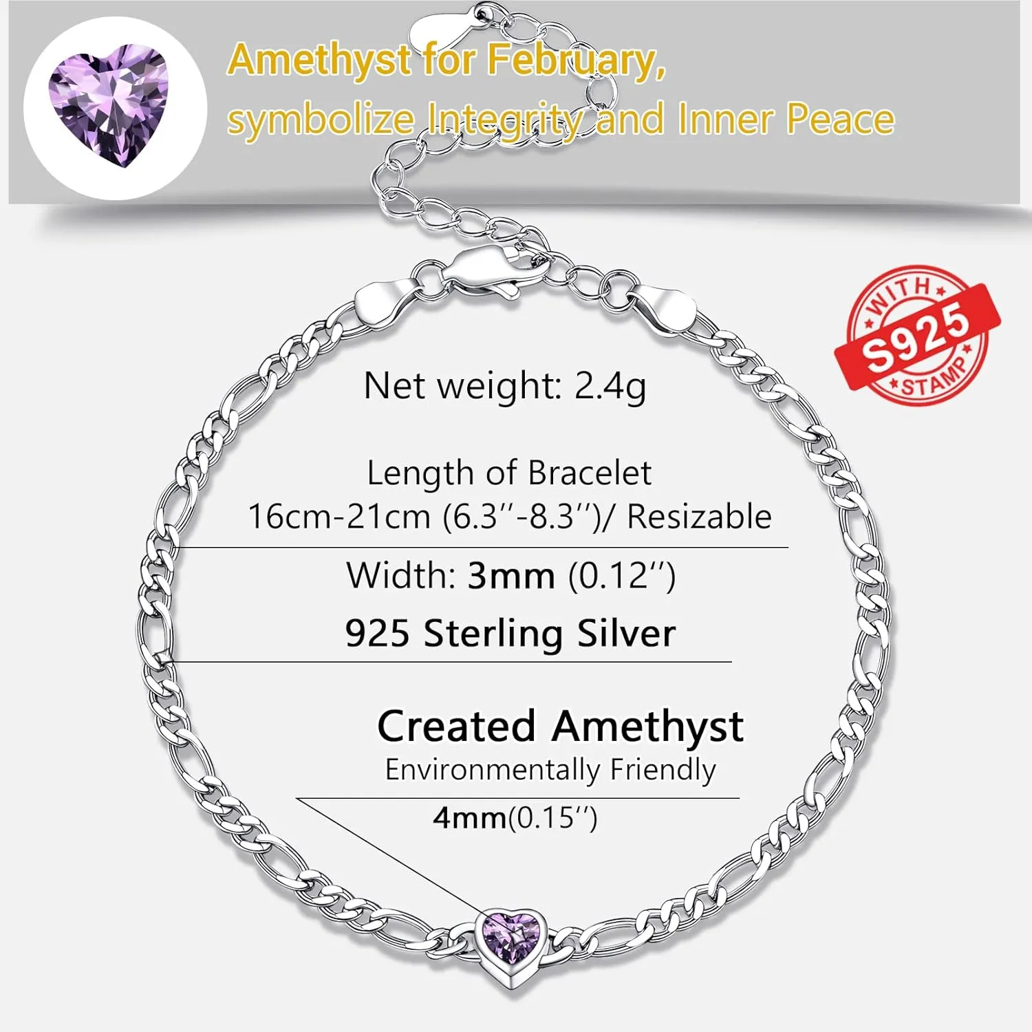 925 Sterling Silver Gorgeous Heart Bracelet for Women, Dainty Inifity Bracelets, Adorned Birthstone Jan - Dec Available, 6.3"-8.3" Adjustable, Come Box