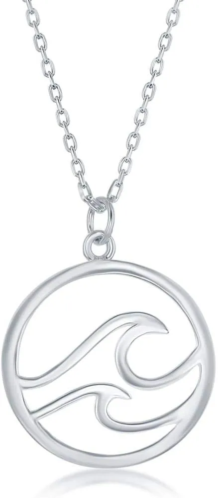 925 Sterling Silver High Polish Waves and Bird/Waves/Double Waves Design Round 18 Pendant Necklace Jewelry for Ocean Lovers, Women, or Teens Made in Italy