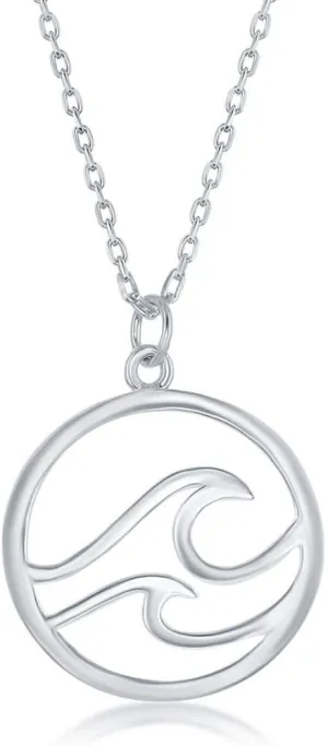 925 Sterling Silver High Polish Waves and Bird/Waves/Double Waves Design Round 18 Pendant Necklace Jewelry for Ocean Lovers, Women, or Teens Made in Italy