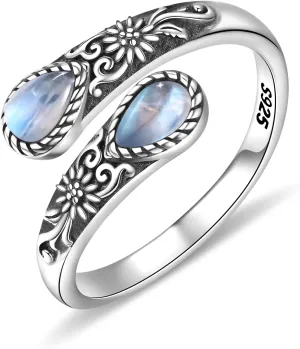 925 Sterling Silver Natural Moonstone Rings for Women Adjustable Sunflower Thumb Ring Vintage Spoon Rings Labradorite Rings Gift For Mom Wife Sister Her