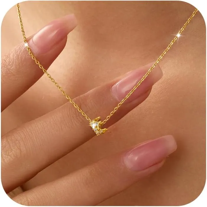 925 Sterling Silver Princess Crown Charm Necklace for Women Round CZ Queen Dainty Pendant Luck Necklace 14K Gold Plated Royal Delicate Crystal Choker Cute to Daughter Mother Wedding Birthday Jewelry