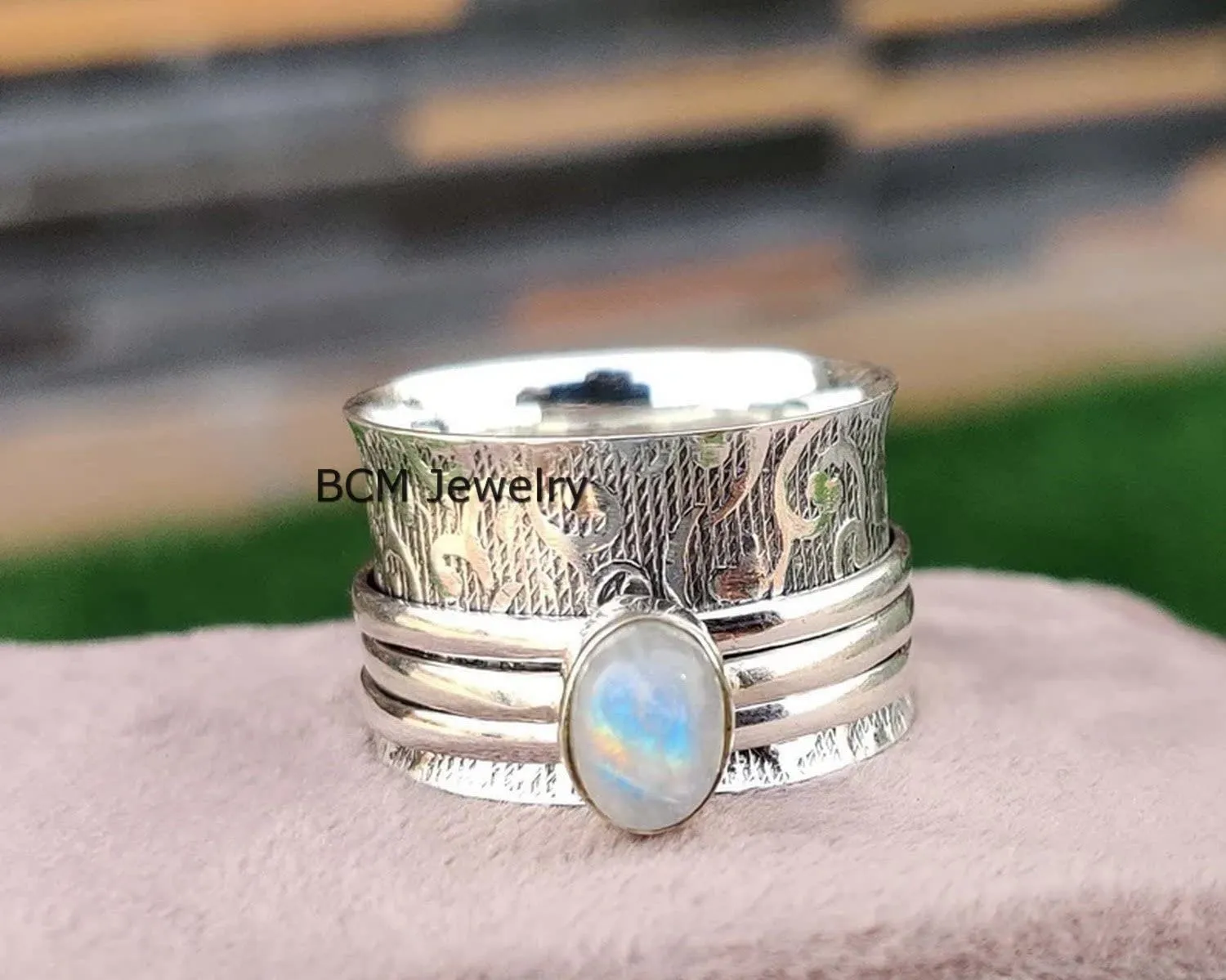 925 Sterling Silver Rainbow Moonstone Spinner Meditation Ring, Anxiety Ring For Men, Women & Girls, Worry, Thumb, Yoga Ring, handmade Ring, Christmas Gift (US Ring size 10)